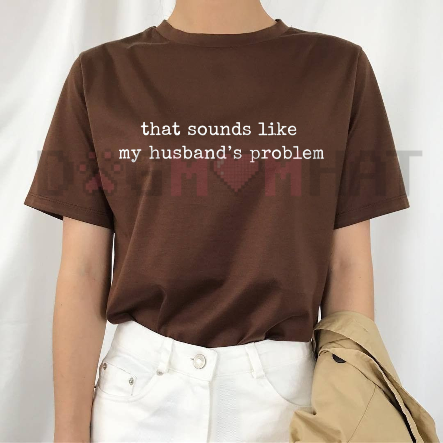Front view of the black Sounds Like My Husband's Problem T-Shirt showing the detailed high-contrast typography design across the chest - dogmomhat
