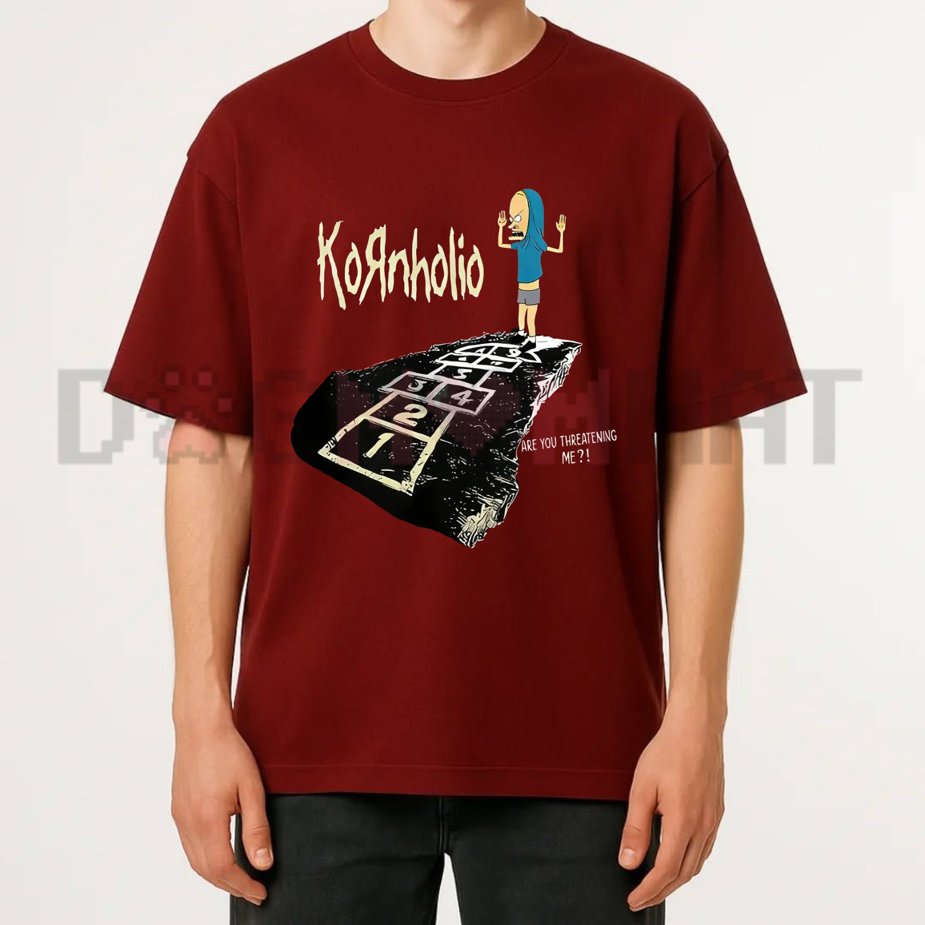 Front view of the black Vintage Kornholio Graphic T-Shirt showing the detailed 90s cartoon parody artwork printed across the chest - dogmomhat