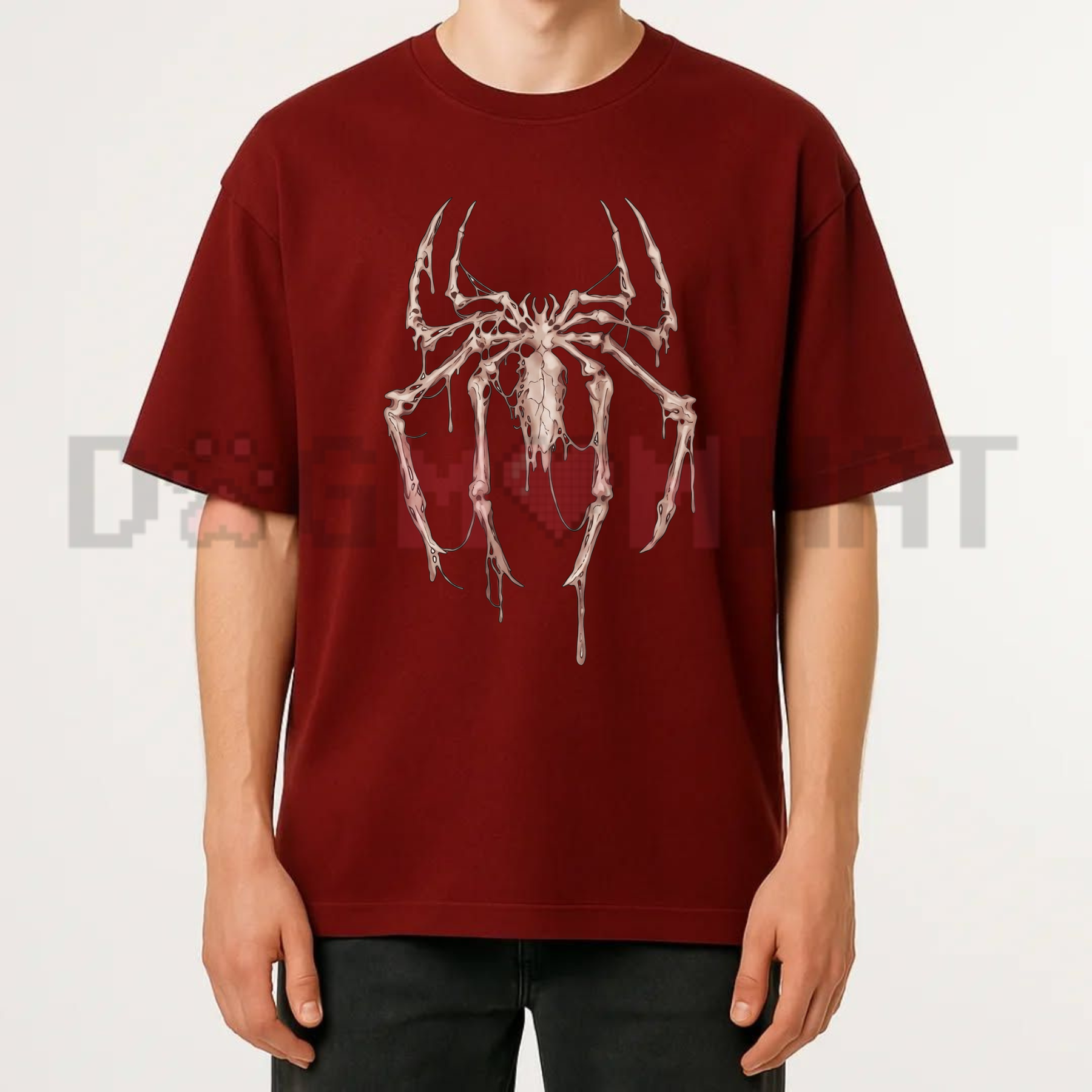 Front view of the black Vintage Spider Skeleton Graphic T-Shirt showing the detailed gothic spider anatomical artwork printed across the chest - dogmomhat