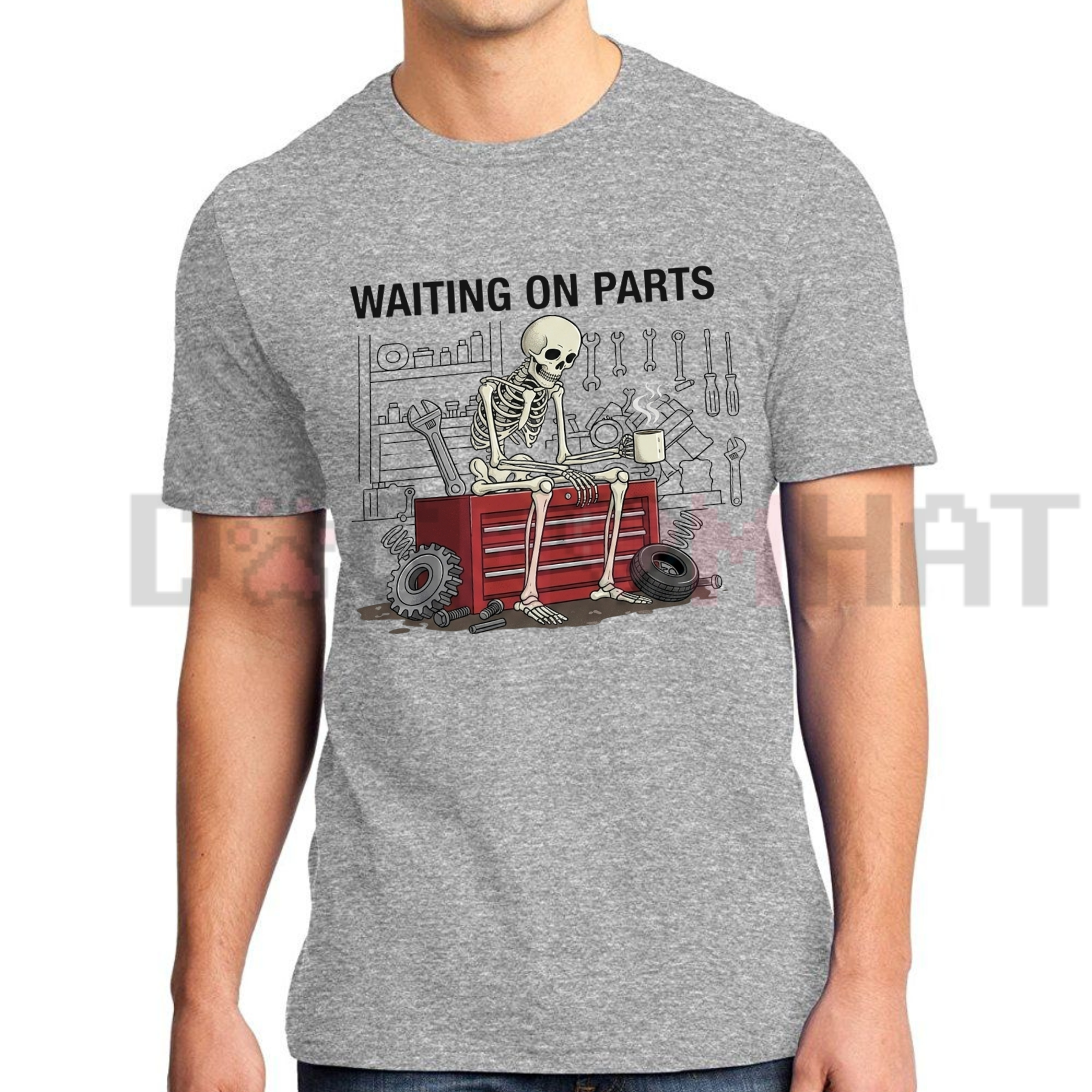 Front view of the black Wrench & Bones Garage Skeleton T-Shirt showing the detailed retro mechanic skeleton printing across the chest - dogmomhat