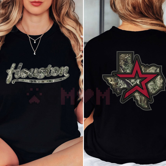 Front view of the bright red Houston Texas Camo Star Graphic T-Shirt showing the detailed camouflage star print across the chest - dogmomhat