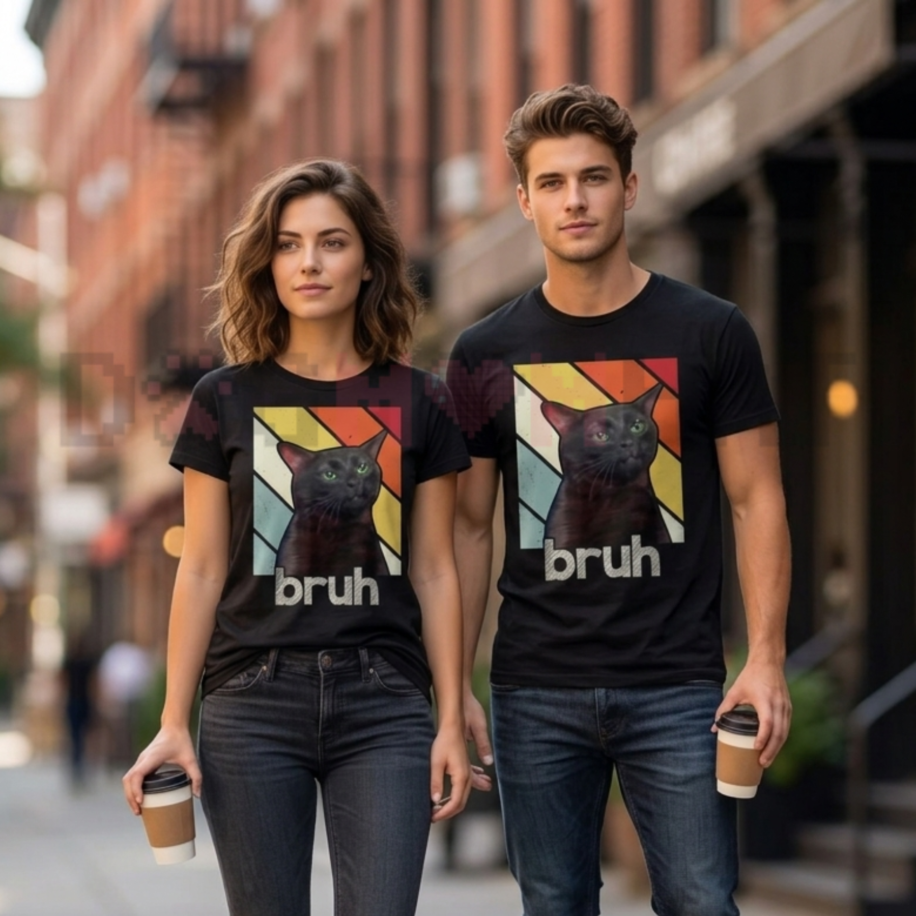 Front view of the bright white Funny Bros & Cat Meme T-Shirt for Boys showing the detailed funny cat graphic design across the chest- dogmomhat
