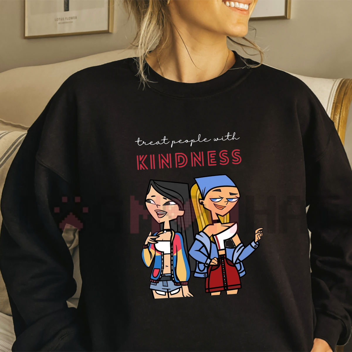 Front view of the camp wawanakwa drama queen pullover displaying Heather and Lindsay cartoon scene artwork across the chest of a cozy sweatshirt. - dogmomhat