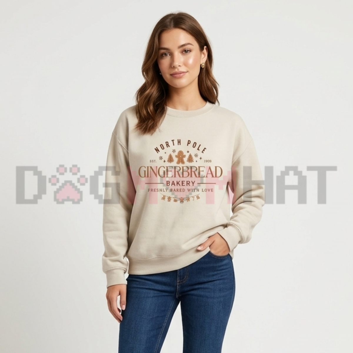 Front view of the cluckmas crewneck displaying cute gingerbread bakery Christmas cookie graphic artwork across the chest of a soft fleece sweatshirt. - dogmomhat