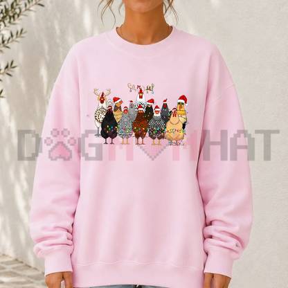 Front view of the cluckmas festive crewneck displaying cute Christmas chickens in Santa hats graphic artwork across the chest of a soft fleece sweatshirt. - dogmomhat