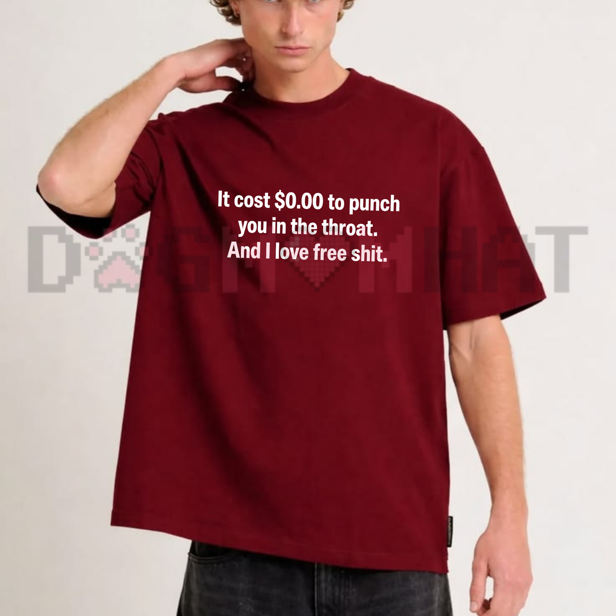 Front view of the complimentary chaos tee displaying funny sarcastic I Love Free Stuff quote typography across the chest of a dark cotton shirt. - dogmomhat