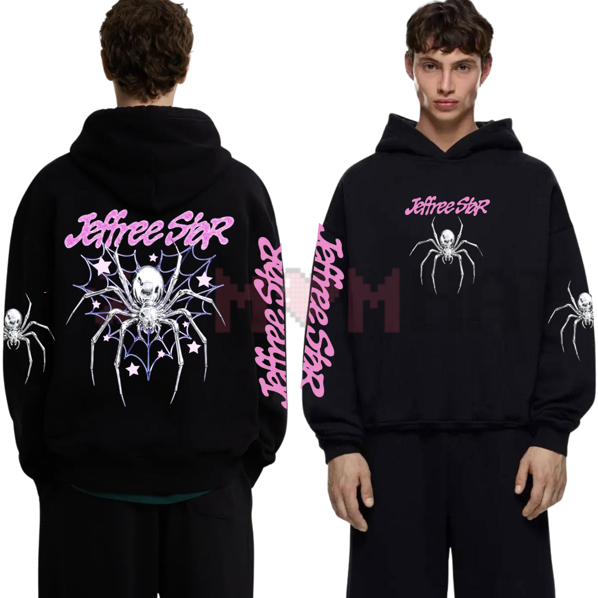 Front view of the cyber metallic domain hoodie displaying Jeffree Star webmaster chrome graphic artwork across the chest of a dark fleece hoodie. - dogmomhat