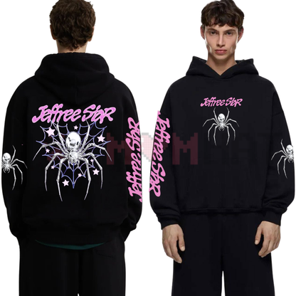 Front view of the cyber metallic domain hoodie displaying Jeffree Star webmaster chrome graphic artwork across the chest of a dark fleece hoodie. - dogmomhat
