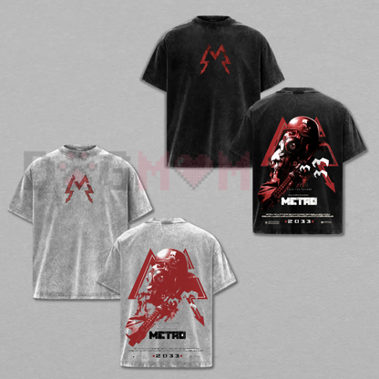 Front view of the dark charcoal acid wash Metro 2033 Cyberpunk Motoko Oversized T-Shirt showing the detailed retro graphic printed across the chest - dogmomhat