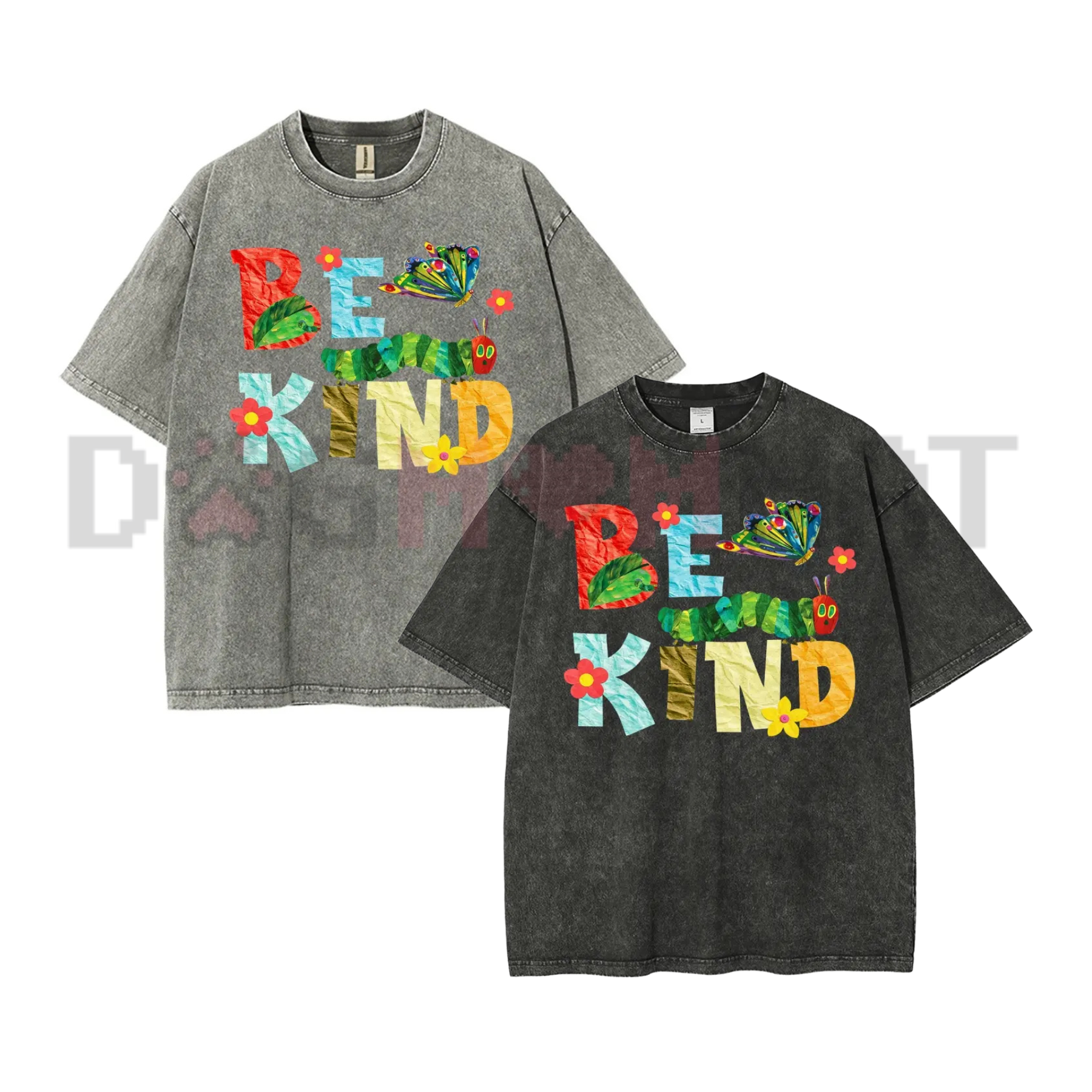 Front view of the dark charcoal vintage washed Be Kind Graphic T-Shirt showing the detailed butterfly paper collage artwork printed across the chest - dogmomhat