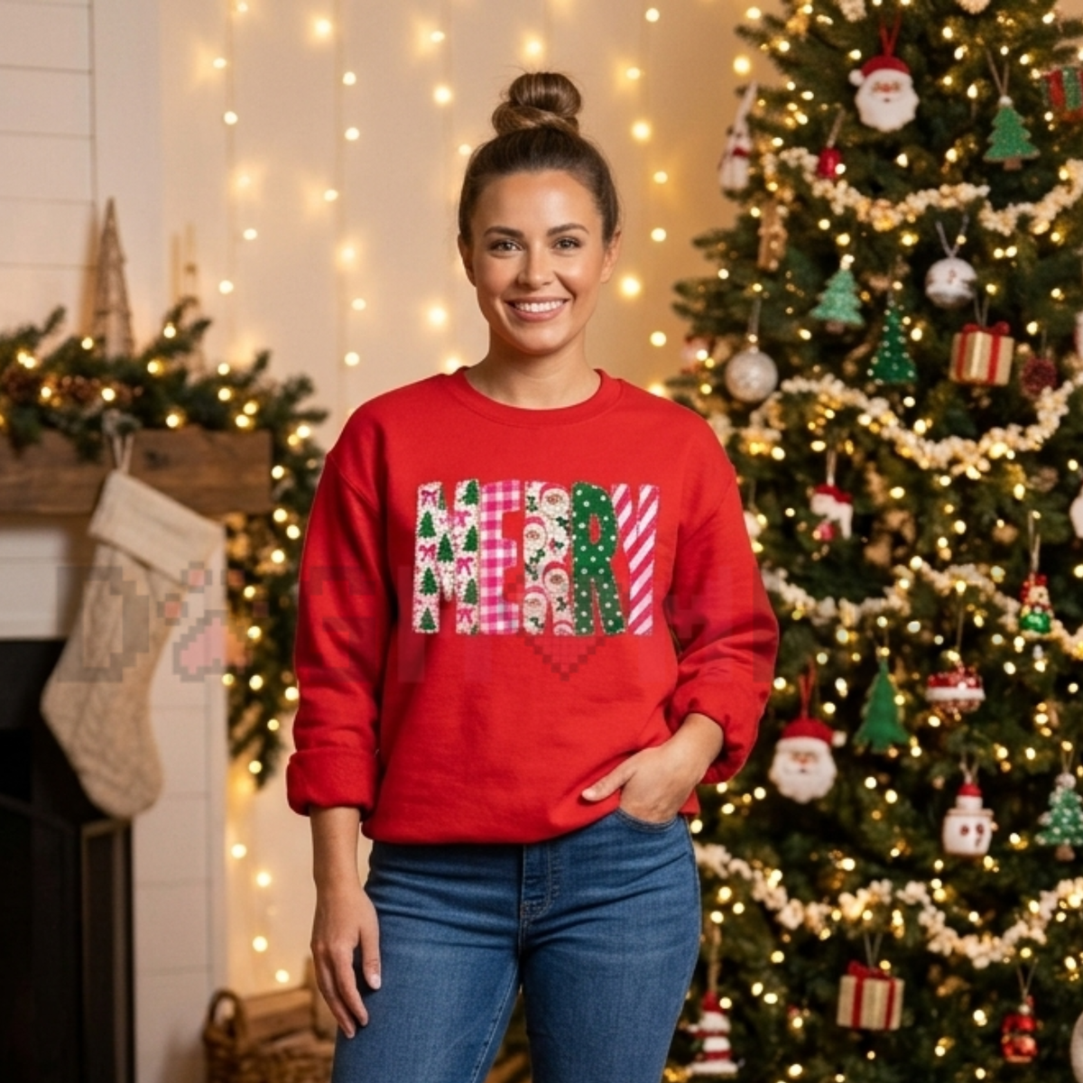 Front view of the festive friction crewneck displaying retro pink Merry Christmas typography and polka dot tree graphic artwork across the chest of a soft fleece sweatshirt. - dogmomhat