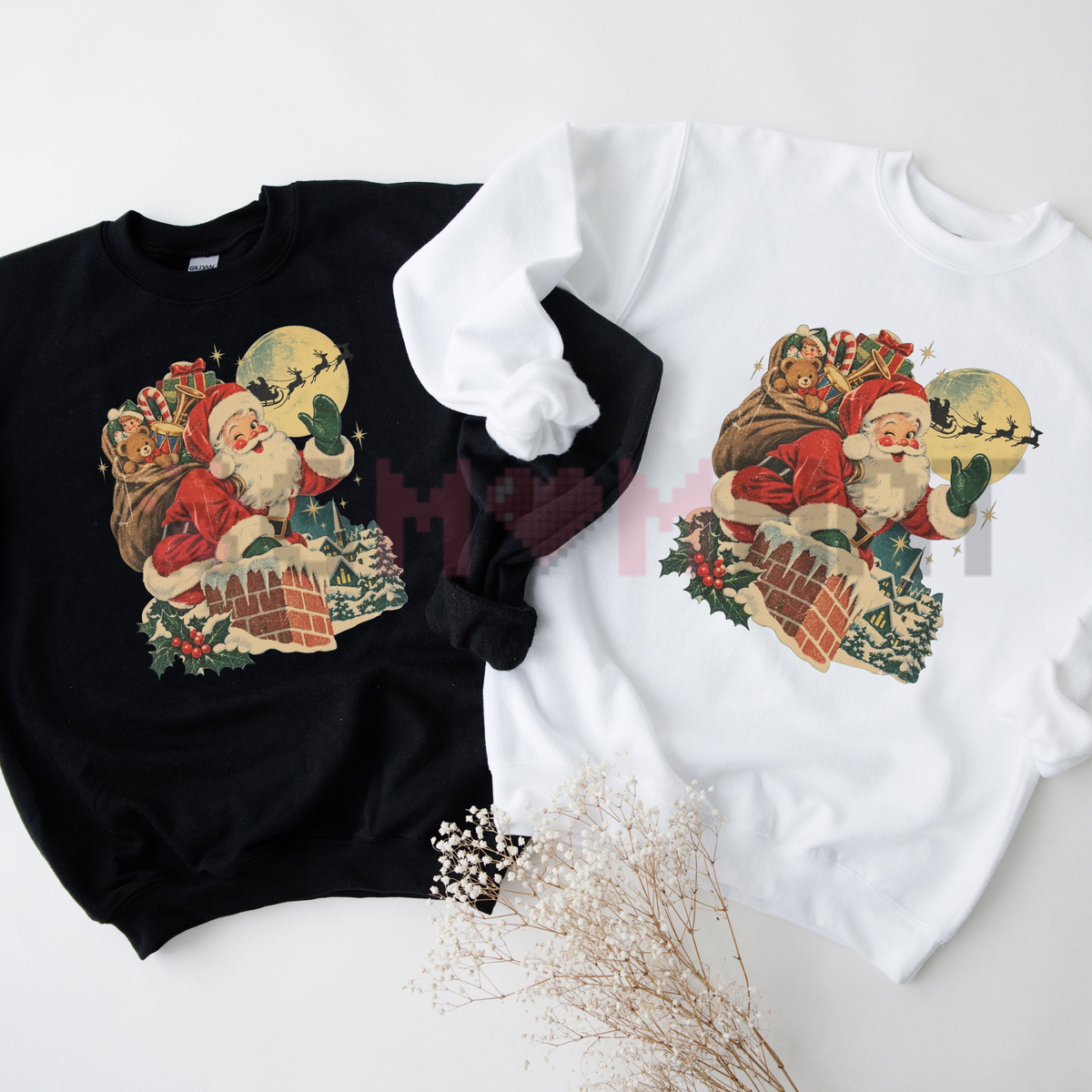 Front view of the festive friction crewneck displaying vintage Santa Claus chimney and reindeer graphic artwork across the chest of a soft fleece sweatshirt. - dogmomhat