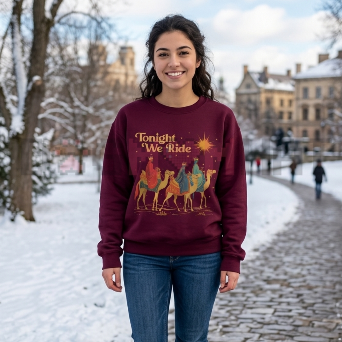 Front view of the festive friction sweatshirt displaying retro 'Tonight We Ride' Three Wise Men nativity graphic artwork across the chest of a soft fleece crewneck pullover. - dogmomhat