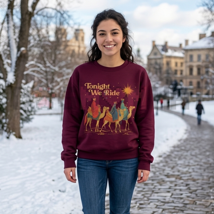 Front view of the festive friction sweatshirt displaying retro 'Tonight We Ride' Three Wise Men nativity graphic artwork across the chest of a soft fleece crewneck pullover. - dogmomhat
