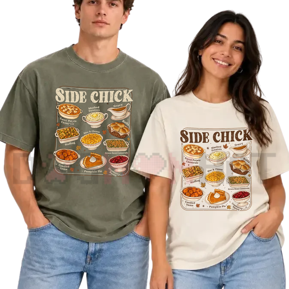 Front view of the festive friction tee displaying 'Side Chick' funny retro Thanksgiving food graphic typography across the chest of a soft crewneck shirt. - dogmomhat