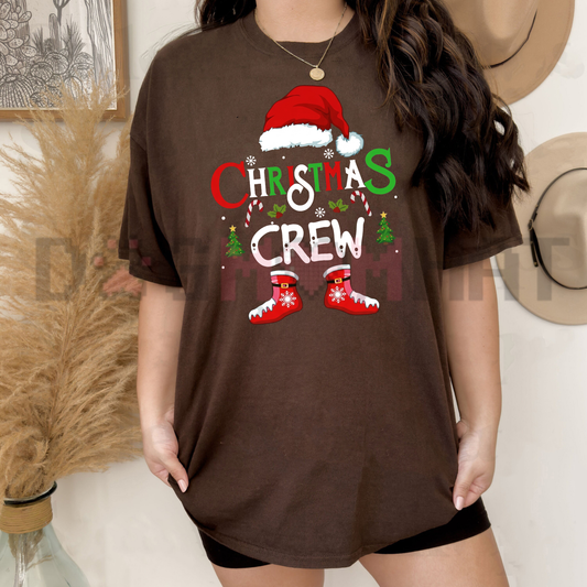 Front view of the festive friction tee displaying athletic 'Christmas Crew' matching family graphic typography across the chest of a soft sports shirt. - dogmomhat