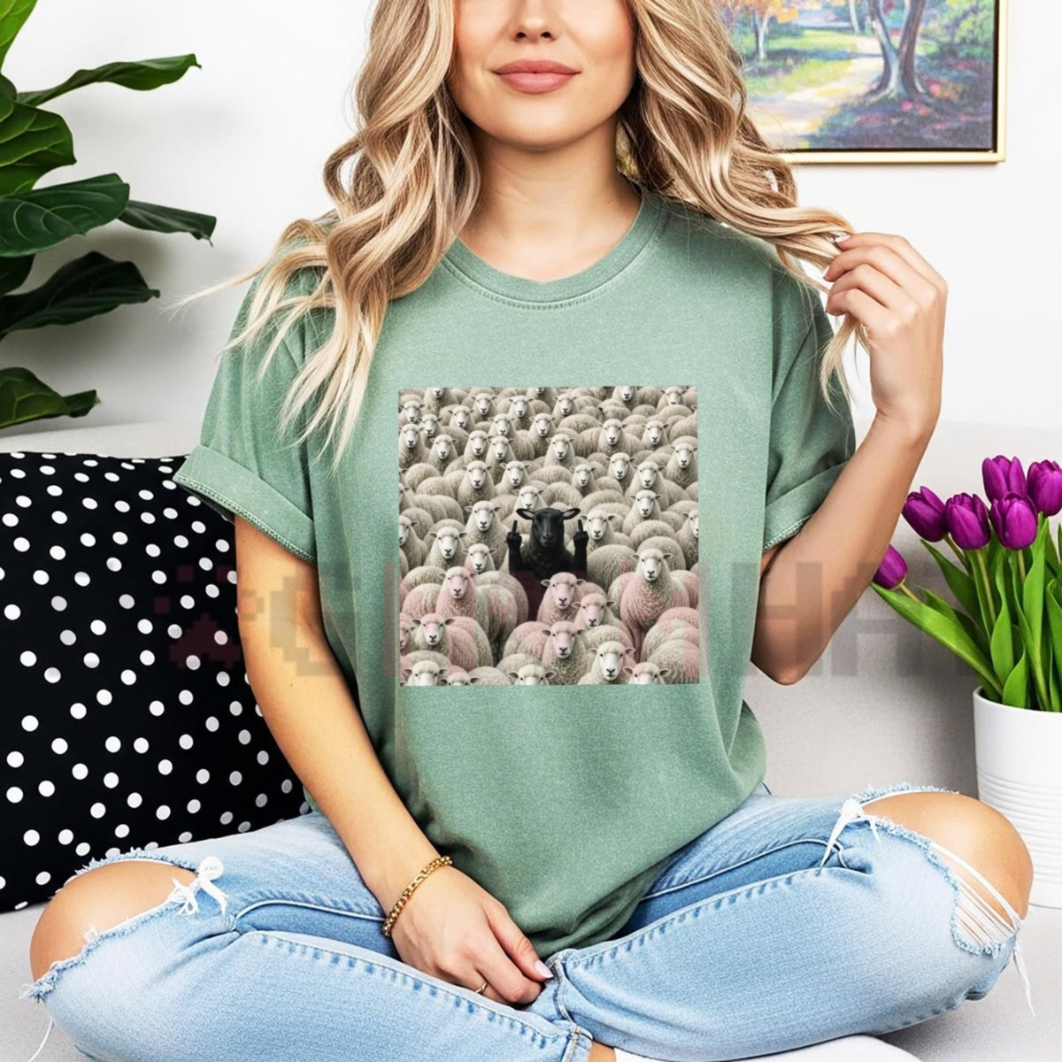 Front view of the festive friction tee displaying black sheep flipping off rebel graphic artwork across the chest of a soft relaxed crewneck shirt. - dogmomhat