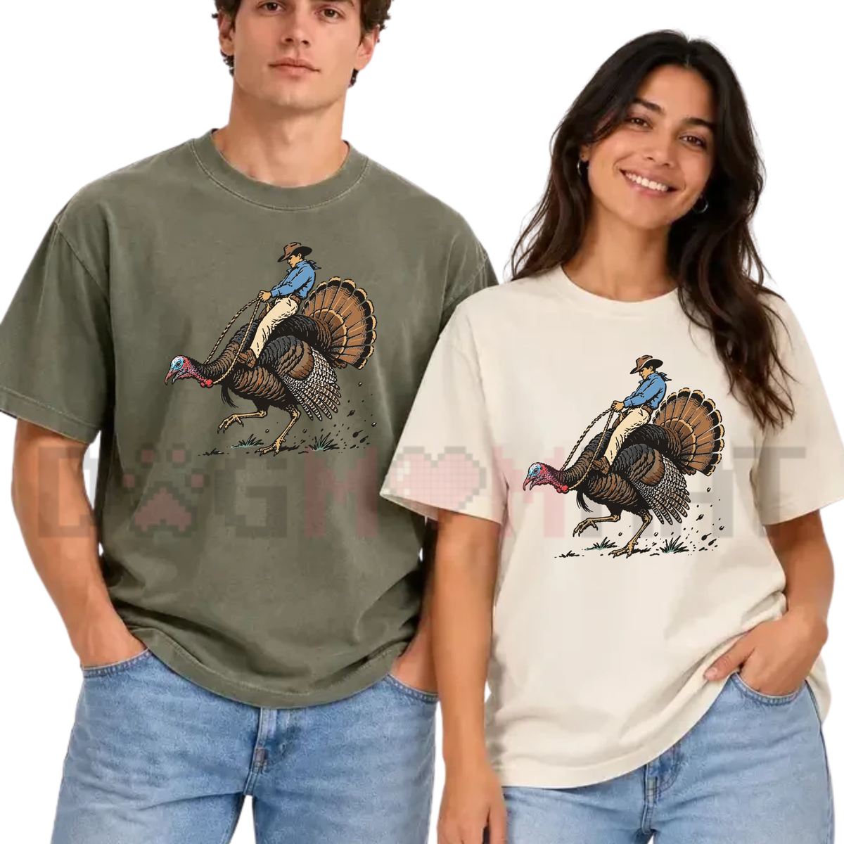 Front view of the festive friction tee displaying cowboy turkey rodeo western graphic artwork across the chest of a soft relaxed crewneck shirt. - dogmomhat