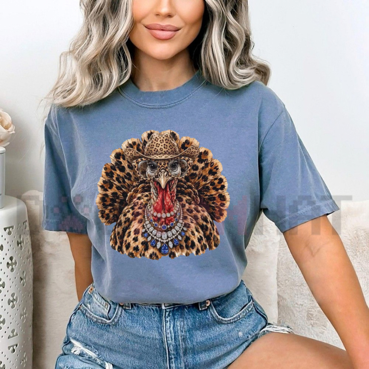 Front view of the festive friction tee displaying rhinestone leopard turkey glam graphic artwork across the chest of a soft relaxed crewneck shirt. - dogmomhat