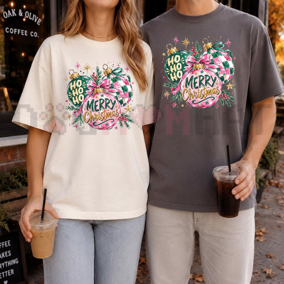 Front view of the festive friction tee displaying trendy retro Christmas ornament graphic typography across the chest of a soft crewneck shirt. - dogmomhat