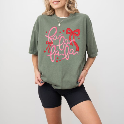 Front view of the festive friction tee displaying trendy retro Fa La La Christmas graphic artwork across the chest of a garment-dyed shirt. - dogmomhat