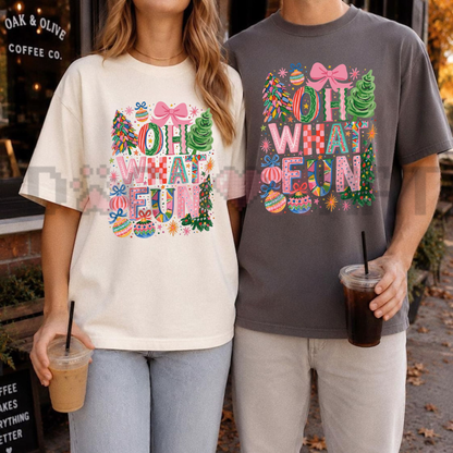 Front view of the festive jubilance tee displaying trendy Oh What Fun retro typography graphic artwork across the chest of a Comfort Colors shirt. - dogmomhat