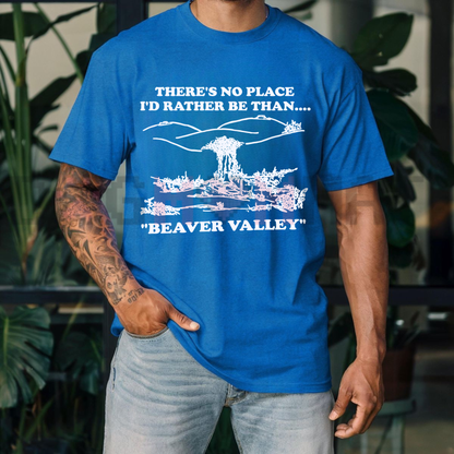 Front view of the forest green Beaver Valley Graphic T-Shirt showing the vintage souvenir style typography printed across the chest - dogmomhat