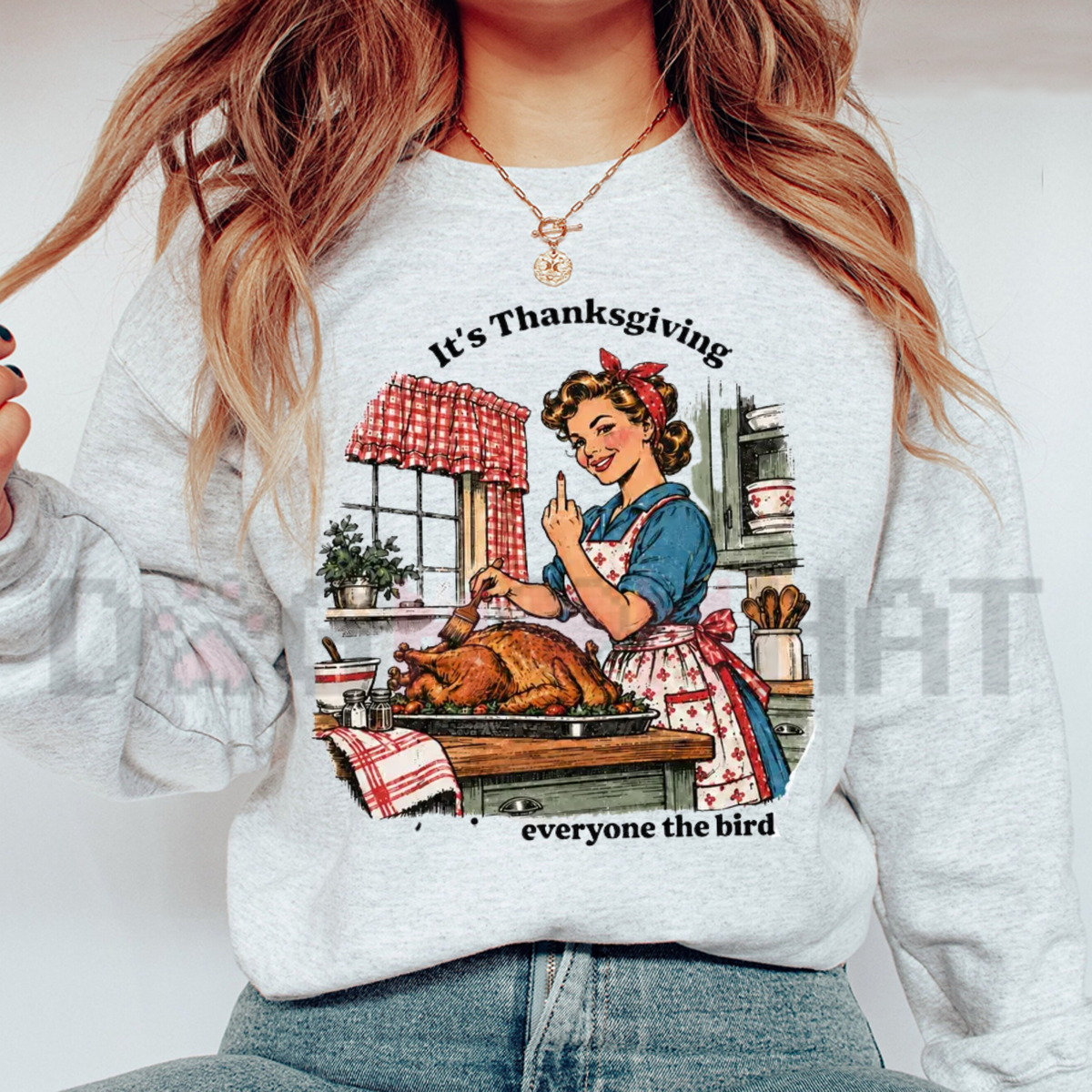 Front view of the funny Thanksgiving sweatshirt displaying retro distressed 'Give Everyone The Bird' turkey graphic artwork across the chest of a cozy crewneck pullover. - dogmomhat