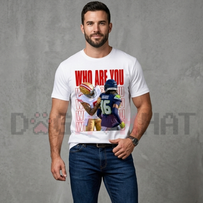 Front view of the game day rivalry question tee displaying varsity red graphic lettering across the chest of a cotton crewneck shirt. - dogmomhat
