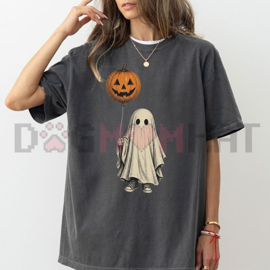 Front view of the garment-dyed Lonely Ghost Halloween T-Shirt showing the vintage ghost graphic printed across the chest - dogmomhat