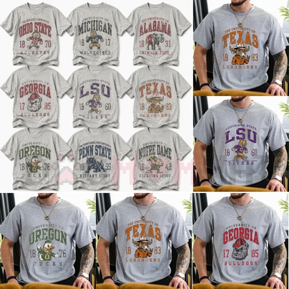 Front view of the heather gray Vintage Football Mascot Mashup T-Shirt showing the detailed retro distressed mascot artwork across the chest - dogmomhat