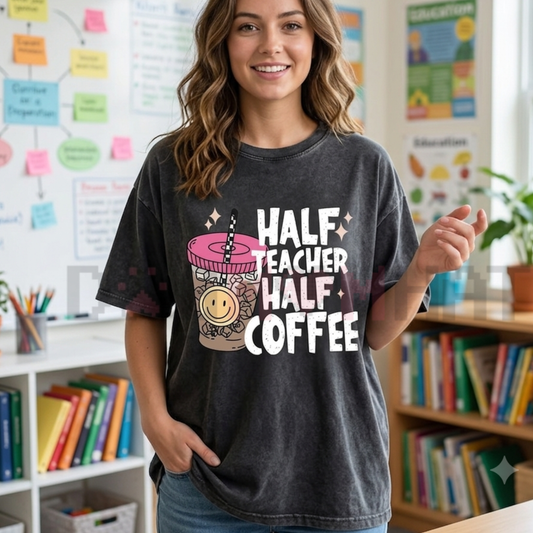 Front view of the heather mauve Half Teacher Half Coffee T-Shirt showing the detailed retro caffeine educator design across the chest - dogmomhat