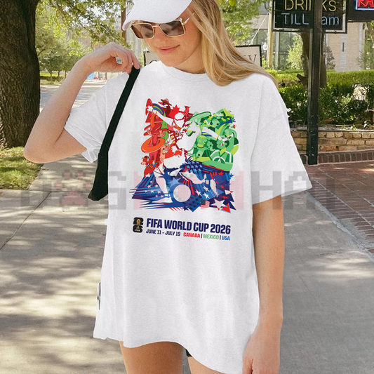 Front view of the navy blue 2026 World Soccer Tournament Event Poster T-Shirt showing the detailed artistic soccer graphic print across the chest - dogmomhat
