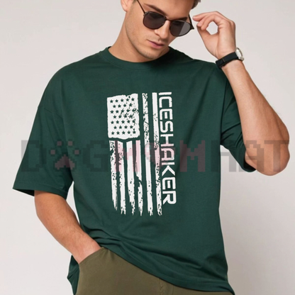 Front view of the old glory shreds tee displaying distressed tattered American flag graphic artwork across the chest of a dark cotton shirt. - dogmomhat