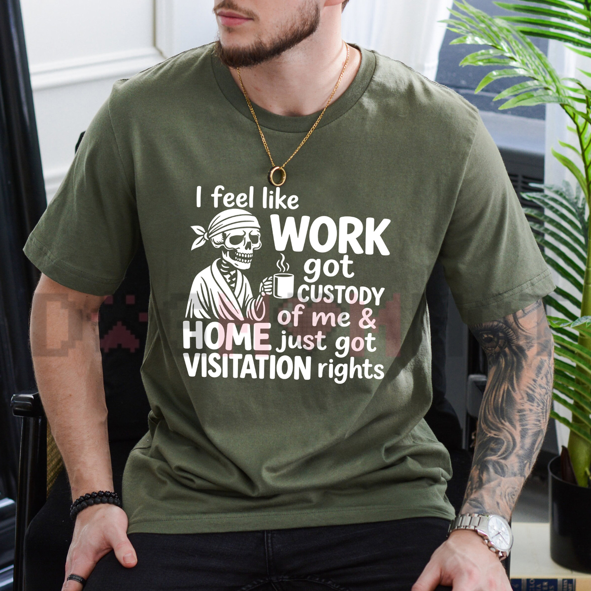 Front view of the overworked bones brew tee displaying skeleton coffee graphic artwork across the chest of a cotton shirt. - dogmomhat