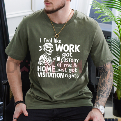 Front view of the overworked bones brew tee displaying skeleton coffee graphic artwork across the chest of a cotton shirt. - dogmomhat
