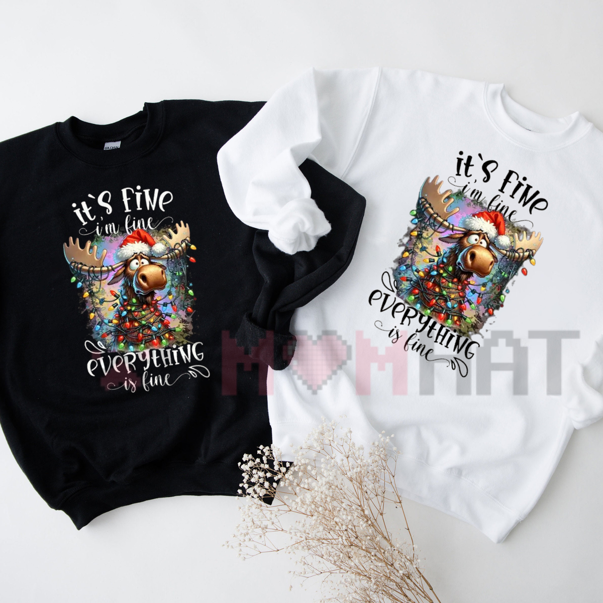 Front view of the panic at the north pole crewneck displaying funny 'I'm Fine Everything Is Fine' Christmas lights graphic artwork across the chest of a soft fleece sweatshirt. - dogmomhat