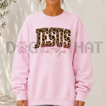 Front view of the parke horizon crewneck displaying cheetah print Jesus graphic artwork and Bible verse typography across the chest of a soft fleece sweatshirt.- dogmomhat