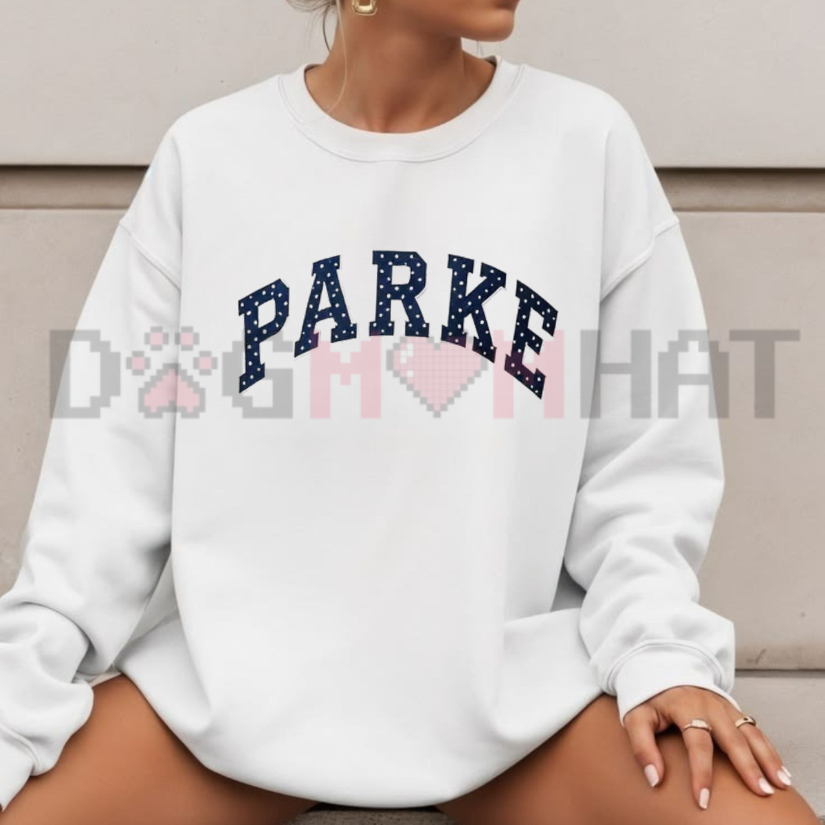 Front view of the parke horizon crewneck displaying minimalist casual autumn winter graphic artwork across the chest of a soft fleece women's sweatshirt. - dogmomhat