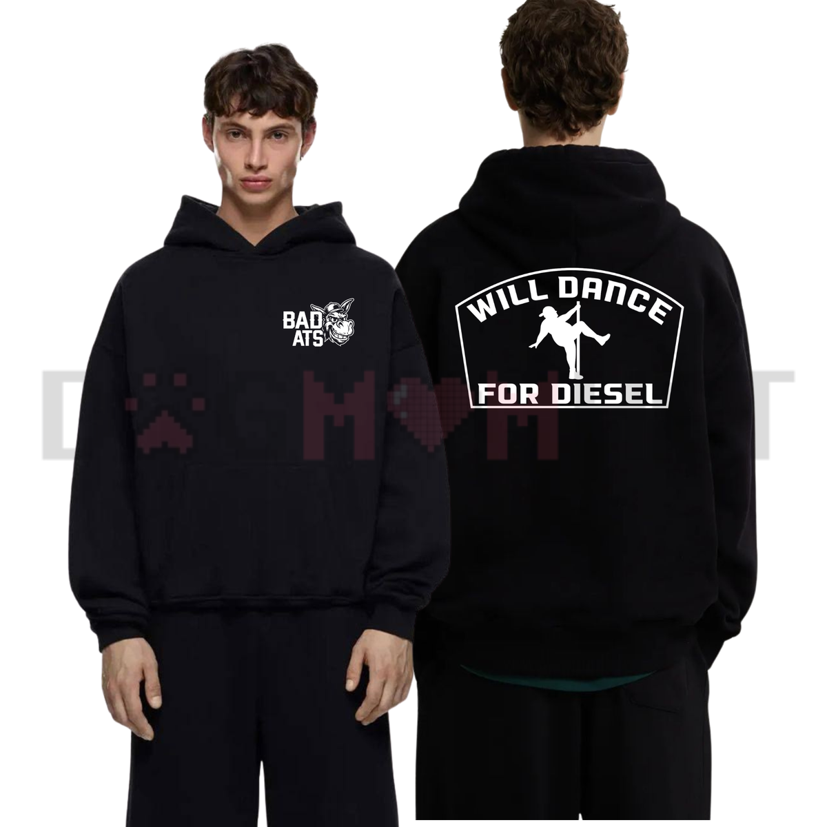 Front view of the parke horizon hoodie displaying 'Will Dance For Fuel' funny mechanic graphic typography across the chest of a soft fleece pullover. - dogmomhat