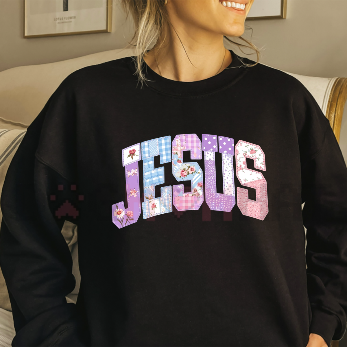 Front view of the parke horizon sweatshirt displaying 'Jesus Is The Light' faith graphic typography across the chest of a soft light purple fleece crewneck pullover. - dogmomhat