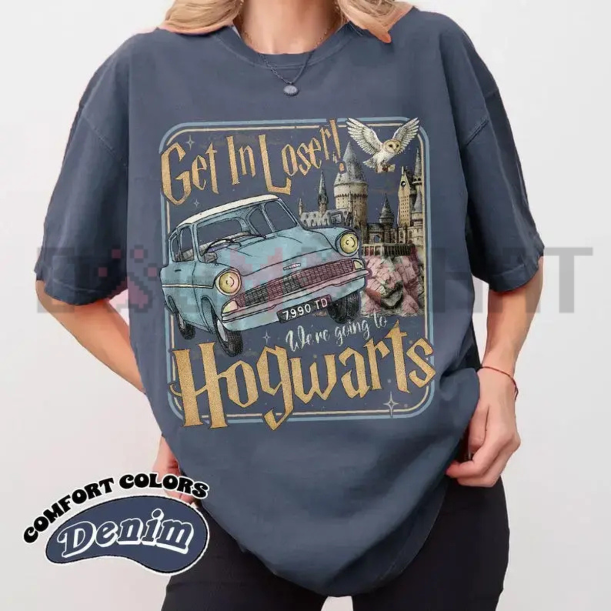 Front view of the parke horizon tee displaying 'Get In Loser We're Going to Wizard School' graphic artwork across the chest of a soft crewneck shirt. - dogmomhat