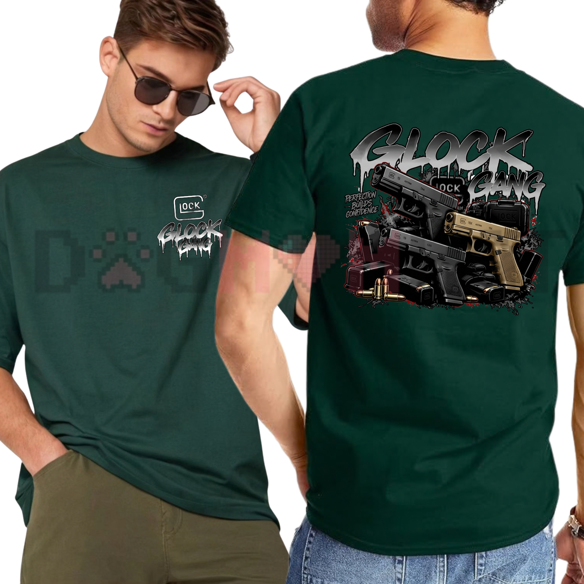 Front view of the parke horizon tee displaying Glock Gang Perfection Builds Confidence tactical graphic artwork across the chest of a cotton shirt. - dogmomhat