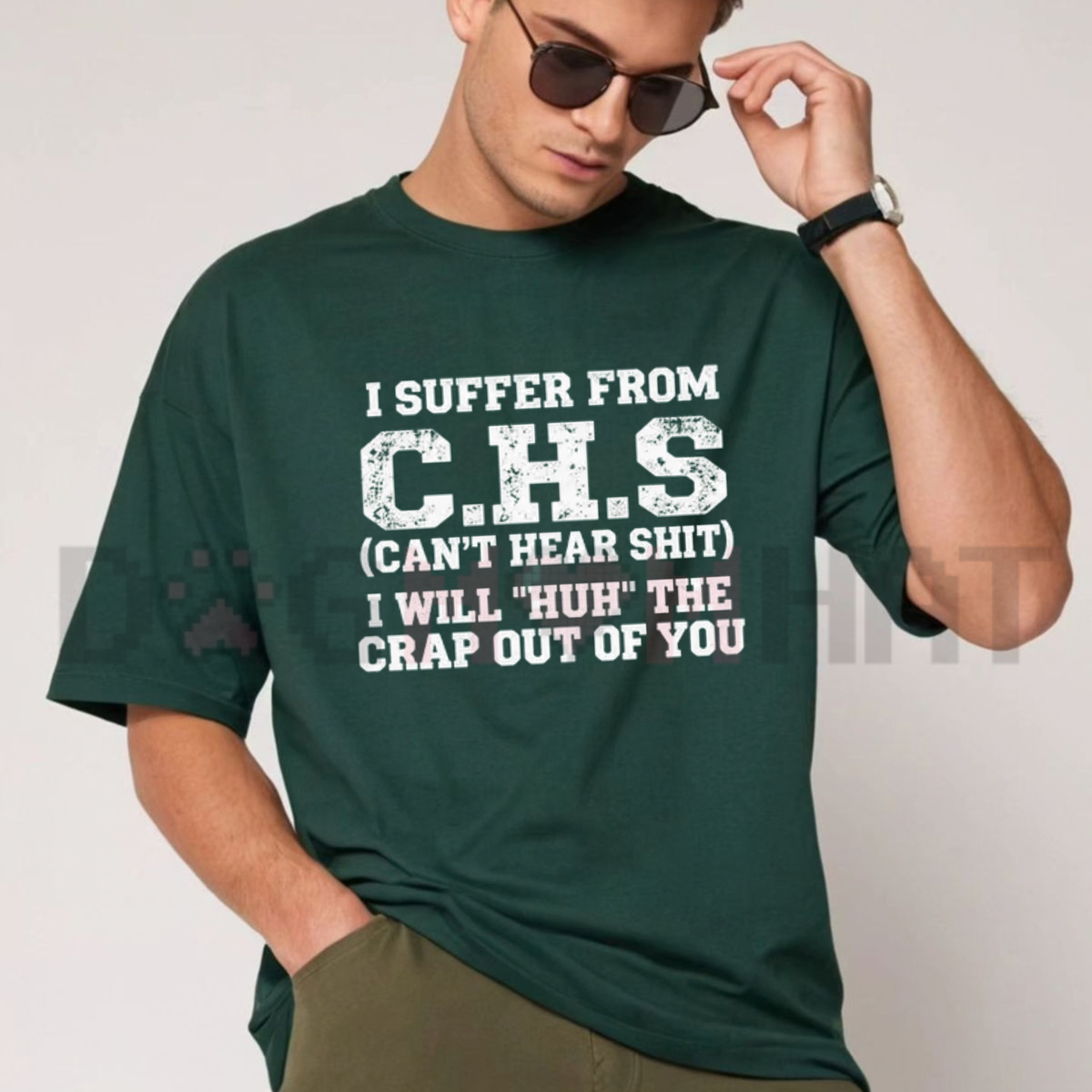 Front view of the parke horizon tee displaying 'Huh?' sarcastic hearing humor graphic typography across the chest of a soft crewneck shirt. - dogmomhat