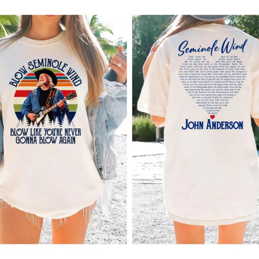 Front view of the parke horizon tee displaying John Anderson 'Seminole Wind 1954-2026' memorial graphic typography across the chest of a soft crewneck shirt. - dogmomhat
