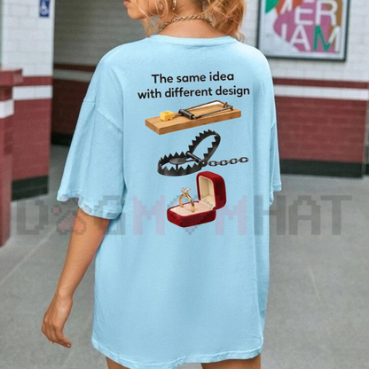 Front view of the parke horizon tee displaying 'Same Idea Different Design' funny creative graphic typography across the chest of a soft crewneck shirt. - dogmomhat