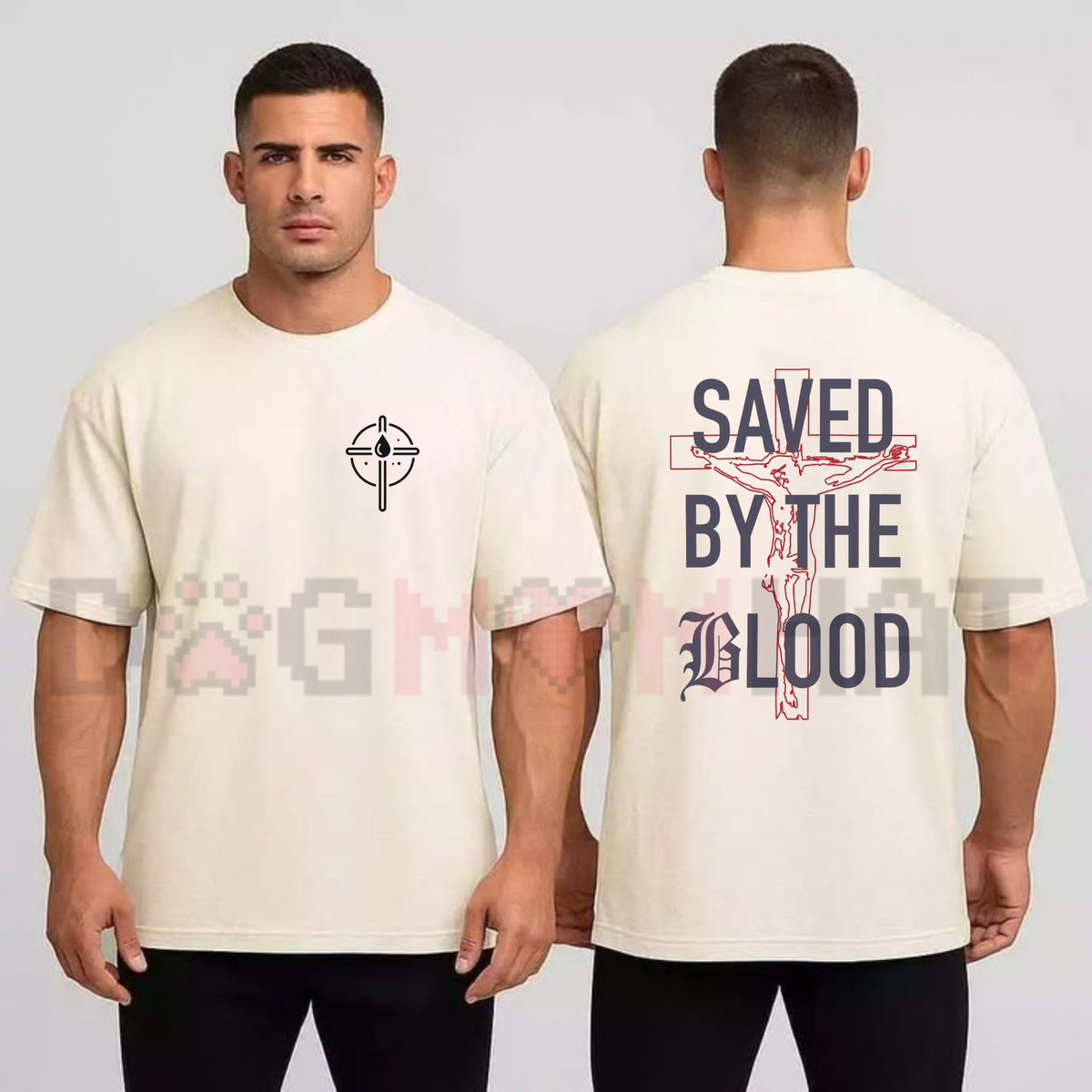 Front view of the parke horizon tee displaying 'Saved By The Blood' Christian cross graphic typography across the chest of a breathable soft round neck shirt. - dogmomhat