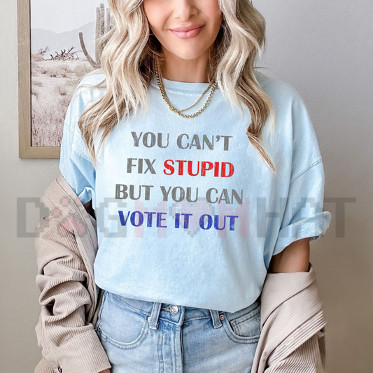 Front view of the parke horizon tee displaying 'You Can't Fix Stupid But You Can Vote It Out' political graphic typography across the chest of a soft crewneck shirt. - dogmomhat