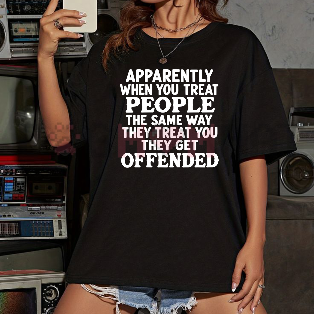 Front view of the parke horizon tee displaying bold sarcastic slogan quote graphic typography across the chest of a dark round neck short-sleeve shirt. - dogmomhat