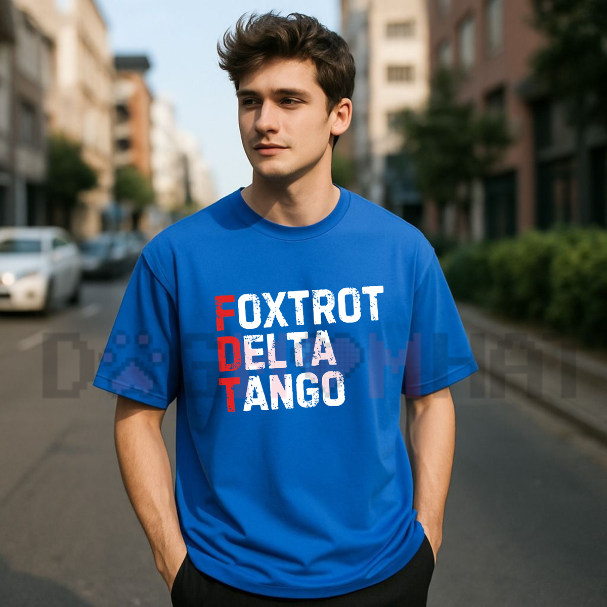 Front view of the parke horizon tee displaying tactical 'Foxtrot Delta Tango' graphic typography across the chest of a cooling performance shirt. - dogmomhat